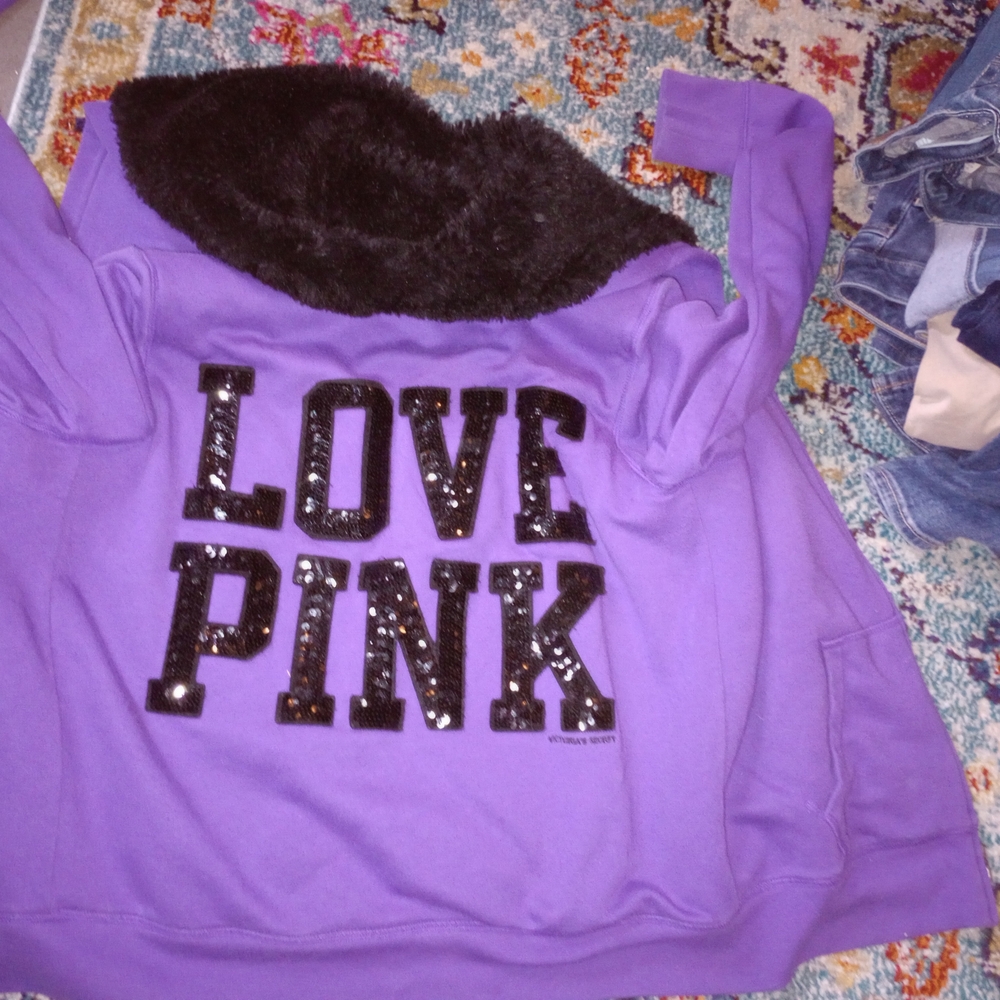 Vintage Y2K Victoria Secret Purple Bling Love Pink Hoodie Hoody Dog VS Jacket L